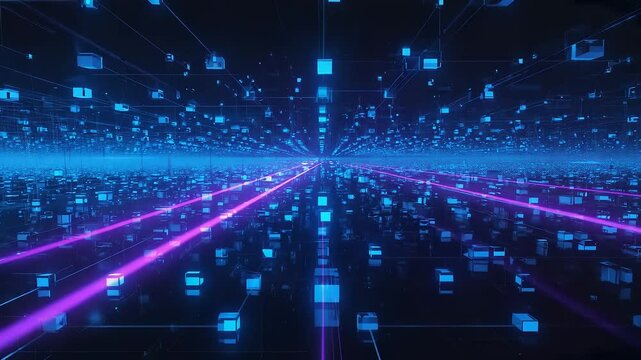 Digital network of interconnected cubes in space.