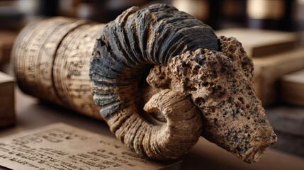 Obraz premium Ancient Artifacts and Symbolism of Ram Horns on Wooden Table