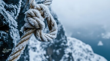 A rugged alpine rope covered in frost, hanging from an icy mountain peak --ar 16:9 --v 6.1 Job ID: 813ec095-01f1-4047-96fc-411c58090af2