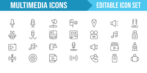 Icon set for multimedia control: sound, music, and video symbols