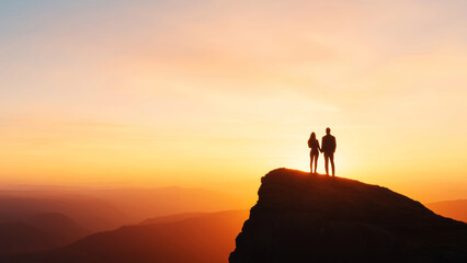 Naklejka premium Couple stands on a cliff edge gazing at the glowing heart-shaped valley under a serene sunset, captured in minimalist style.