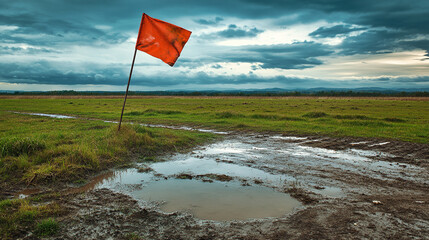 Orange flag waving in muddy field landscape photography under cloudy sky scenic outdoor environment view