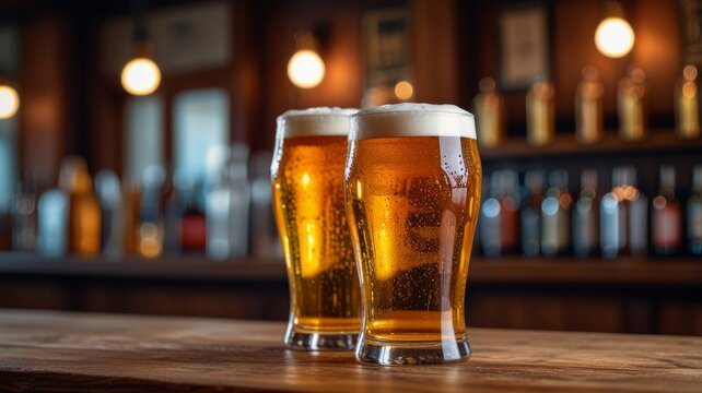 Two chilled pints of beer with foam on wooden bar counter. Blurred background shows pub interior.