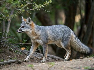 Grey fox appears to be walking alone in the pine forest