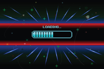 LOADING. pixel art. 8 bit. retro game. for game assets in vector illustrations. Retro Futurism Sci-Fi Background. glowing neon grid and star from vintage arcade computer games.