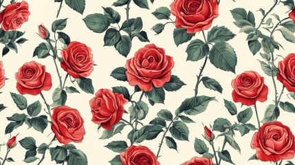 Seamless Red Roses: A vibrant pattern of fresh red roses, perfect for natural and romantic-themed designs that embody love and passion.