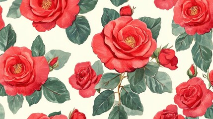 Seamless Red Roses: A vibrant pattern of fresh red roses, perfect for natural and romantic-themed designs that embody love and passion.