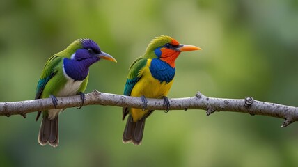 Obraz premium Two colorful birds perched on branch. One sings, other listens in a green blurred natural background.