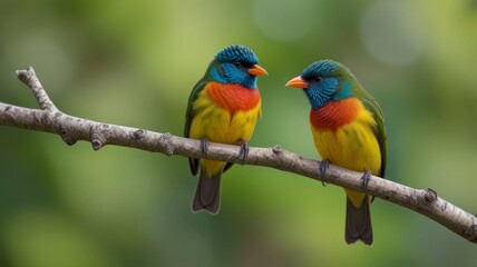 Obraz premium Two colorful birds perched on branch. One sings, other listens in a green blurred natural background.