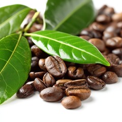 Obraz premium Aromatic Roasted Coffee Beans with Fresh Green Leaves High Quality Close Up Image of Coffee Beans and Plant Foliage