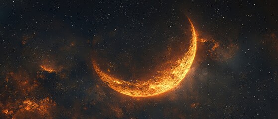 Obraz premium Fiery Crescent Moon in Cosmic Nebula Stunning Space Art