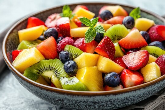 Colorful fresh fruit salad with strawberries, kiwi, pineapple, and mint garnish - Powered by Adobe