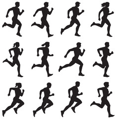 run, Running men and women, Running Men and Women Silhouettes Vector Set