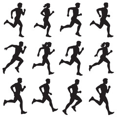 run, Running men and women, Running Men and Women Silhouettes Vector Set