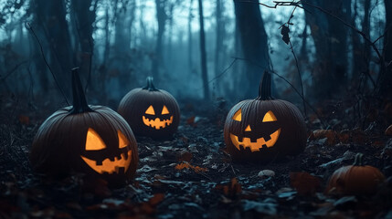 Fototapeta premium Three pumpkins with their mouths open and glowing in the dark