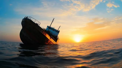 Fototapete Rund Wrecked tanker ship submerging into calm waters at sunset showcasing the impact of maritime accidents on oceanic environments © Bonsales