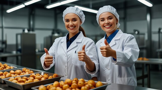 Two food industry workers with thumbs up. Male and female employees wearing white coats, caps smiling.