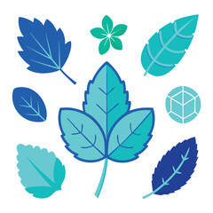 Fototapeta premium Flat Styled Leaves and Flower, Blue and Teal Color Palette, Isolated on White Layout