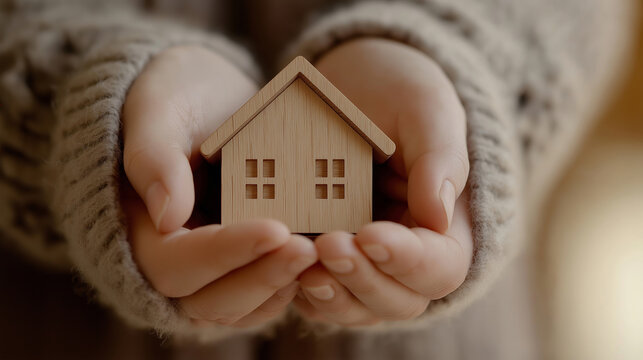 Cradling a miniature wooden house, hands convey the warmth and security associated with homeownership, embodying love, family stability, and the comfort of a safe haven