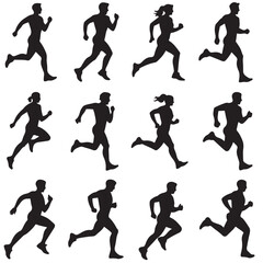 run, Running men and women, Running Men and Women Silhouettes Vector Set