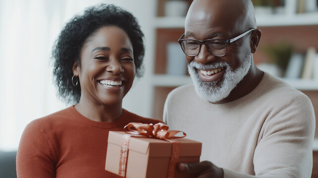 Senior man presenting gift box with red ribbon to smiling african american woman, sharing joyful moment while exchanging heartfelt present during anniversary or valentine's day celebration