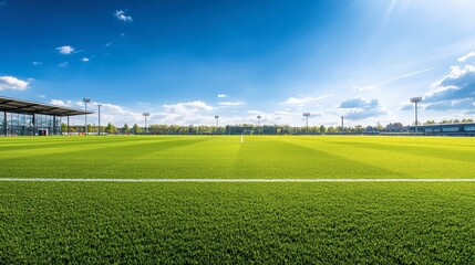grassy football pitch at stadium at sunny day with blue sky