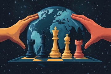 Naklejka premium Global Strategy Chess Game With Planet Earth In A Space Environment