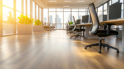 Sunlit contemporary workspace featuring wooden flooring, casting warm golden light across minimalist open plan interior design