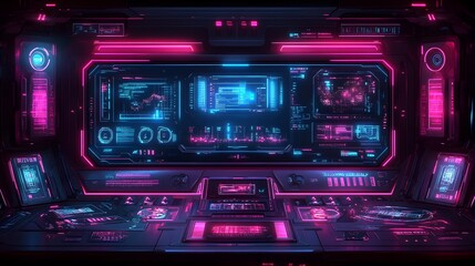 Futuristic cockpit with glowing holographic displays and control panels.
