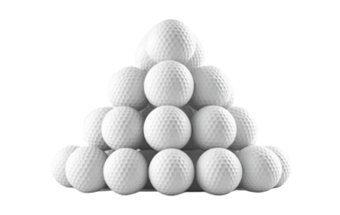 White golf balls stacked in a pyramid shape on a transparent background, PNG 