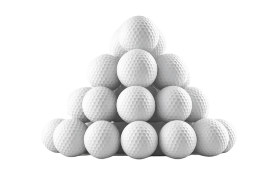 White golf balls stacked in a pyramid shape on a transparent background, PNG 