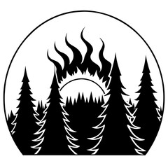 Blazing Sunset Over Forest vector silhouette black design white background