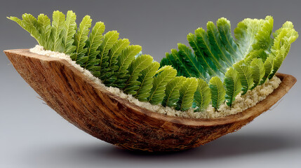 Obraz premium Artistic Arrangement of Ferns in a Wooden Bowl Display
