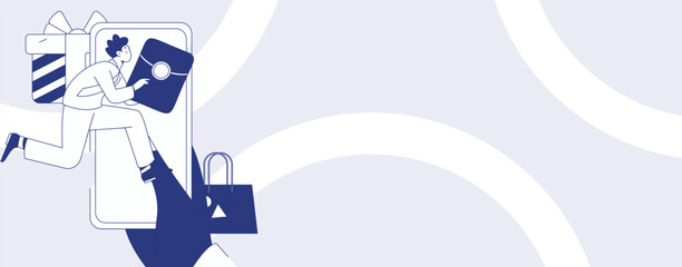 Holiday shopping people doing e-commerce online shopping flat vector concept operation hand drawn illustration
