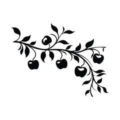 Branch with apples black silhouette isolated on white background