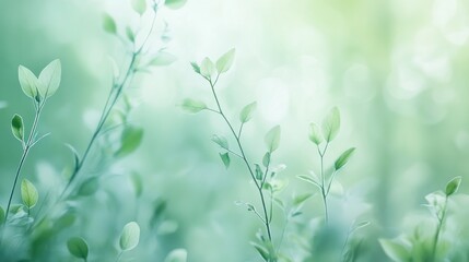 Spring Nature Bliss: Softly blurred green nature with a gentle, pastel background, evoking the tranquility of a quiet spring day.
