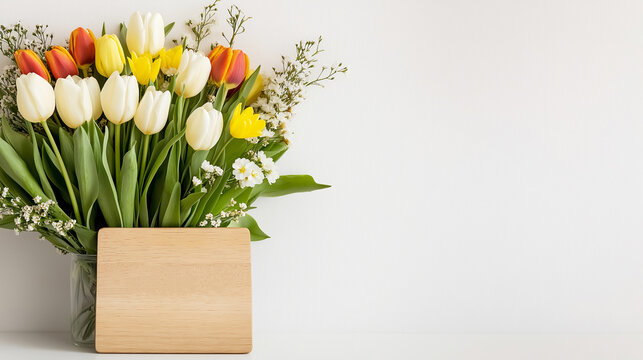 Colorful tulip and daffodil bouquet resting near blank wooden board, waiting for personalized spring greeting message