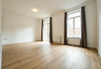 Fototapeta premium Empty modern living room with large windows and wooden floor 