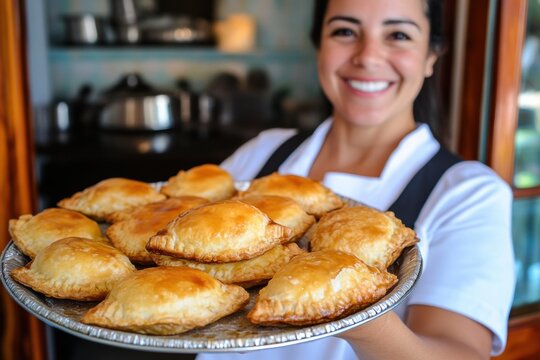 Hispanic female adult with warm smile holding a tray of freshly baked empanadas in a cozy kitchen