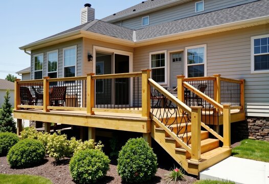 Modern wooden deck design with railing and landscaped garden  