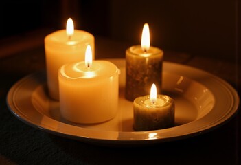Elegant candles glowing in a decorative dish  