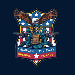 Vector Illustration of Soldier Carrying Rifle with Falcon in Detailed Illustration Available for Logo Badge