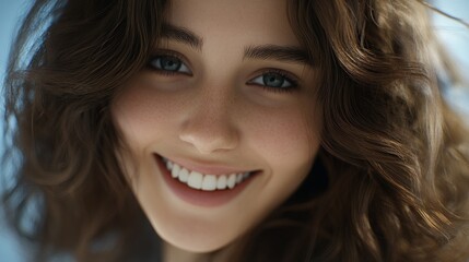 Fototapeta premium Portrait of a Smiling Woman with Curly Brown Hair