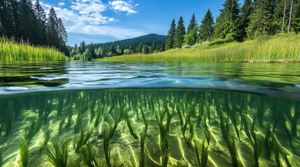 The crystal-clear surface of Titisee Lake, nestled amongst the vibrant green hills of the Black Forest, capturing the serenity of spring with its still waters