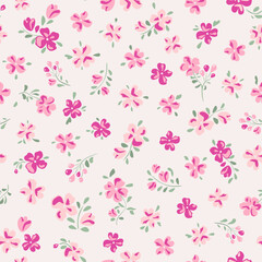 Vector illustration. Seamless pattern of pastel pink, purple flowers on a light background. Delicate floral pattern, field of flowers, print for fabric, textile, wallpaper, baby clothes