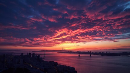 San Francisco skyline with Oakland Bay Bridge at sunset, California, USA