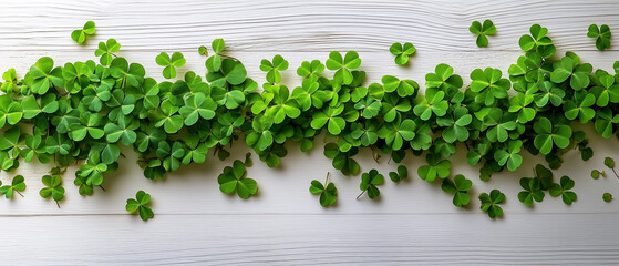 Vibrant green clovers scattered elegantly on a white wooden surface showcasing nature's beauty clovers, green, nature, plants, wood, sunlight, leaves, freshness, tranquility, garden