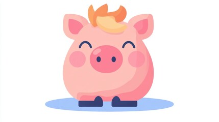Fototapeta premium Happy pink pig illustration with orange hair, pixel art style.