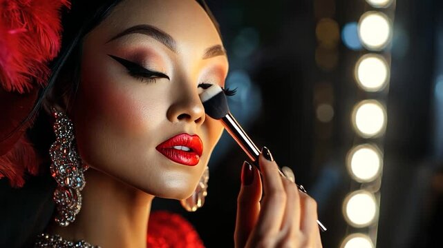 Glamorous makeup application with dramatic lighting and vibrant colors