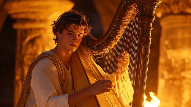 O rei David Jovem tocando harpa